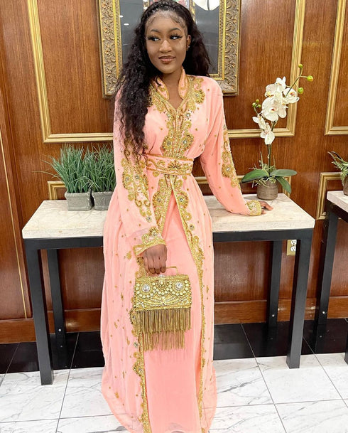 Elegant Peach Kaftan Gown with Gold Zari Work | Festive & Casual Event Wear