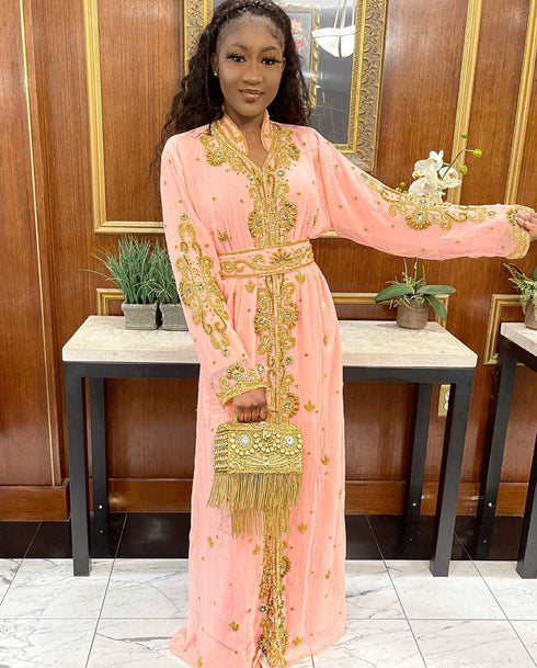 Elegant Peach Kaftan Gown with Gold Zari Work | Festive & Casual Event Wear