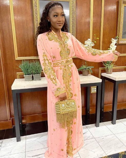 Elegant Peach Kaftan Gown with Gold Zari Work | Festive & Casual Event Wear