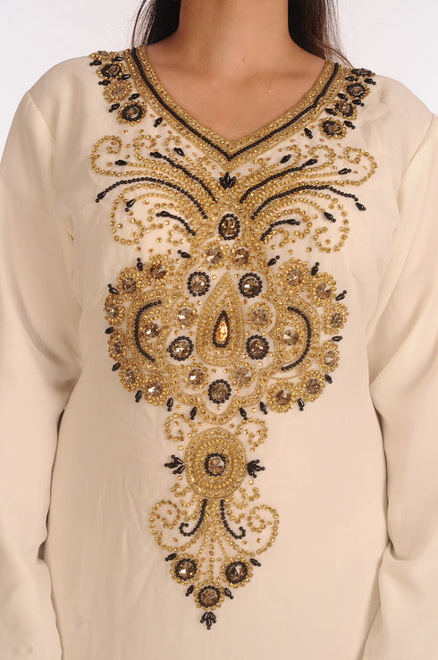 SALE !! Moroccan Islamic Off-White Kaftan Beach Fancy Modern Floor Length Bell Sleeve For Women Dress