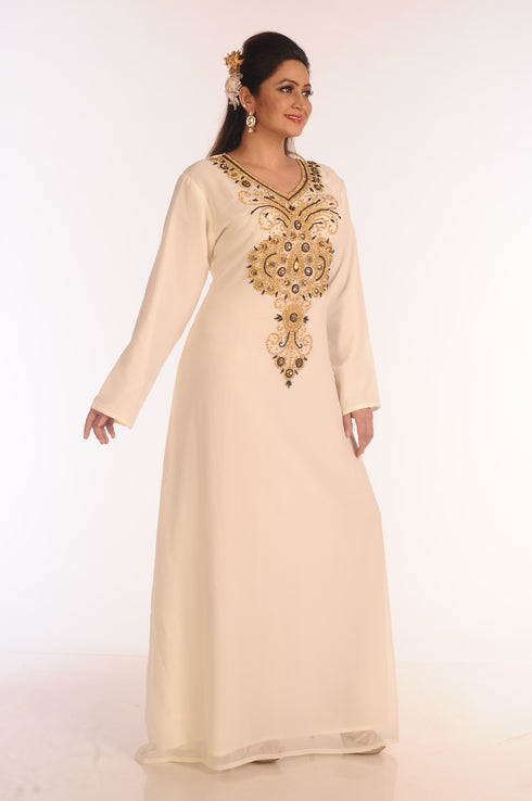 SALE !! Moroccan Islamic Off-White Kaftan Beach Fancy Modern Floor Length Bell Sleeve For Women Dress