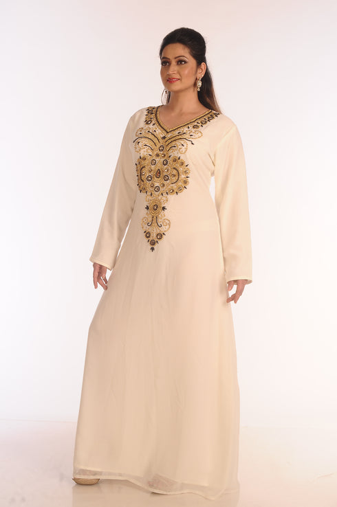 SALE !! Moroccan Islamic Off-White Kaftan Beach Fancy Modern Floor Length Bell Sleeve For Women Dress