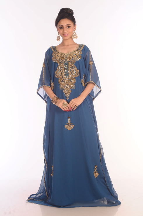 SALE !! Moroccan Islamic Blue Kaftan Beach Fancy Modern Floor Length Half Sleeve For Women Dress