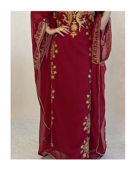 Grand Maroon Kaftan Gown with Heavy Gold Zari Work & Hijab | Luxury Event Dress