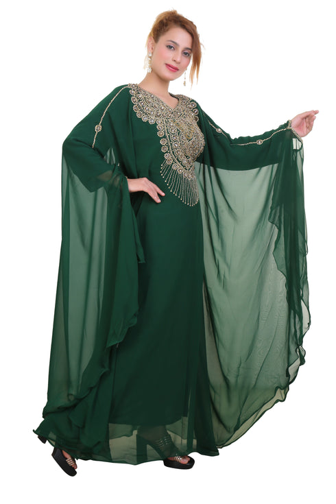 Bottle Green Zari Stone Work Georgette Islamic Style Beads Embedded Partywear Kaftan Long Gown Evening wear Dubai kaftan