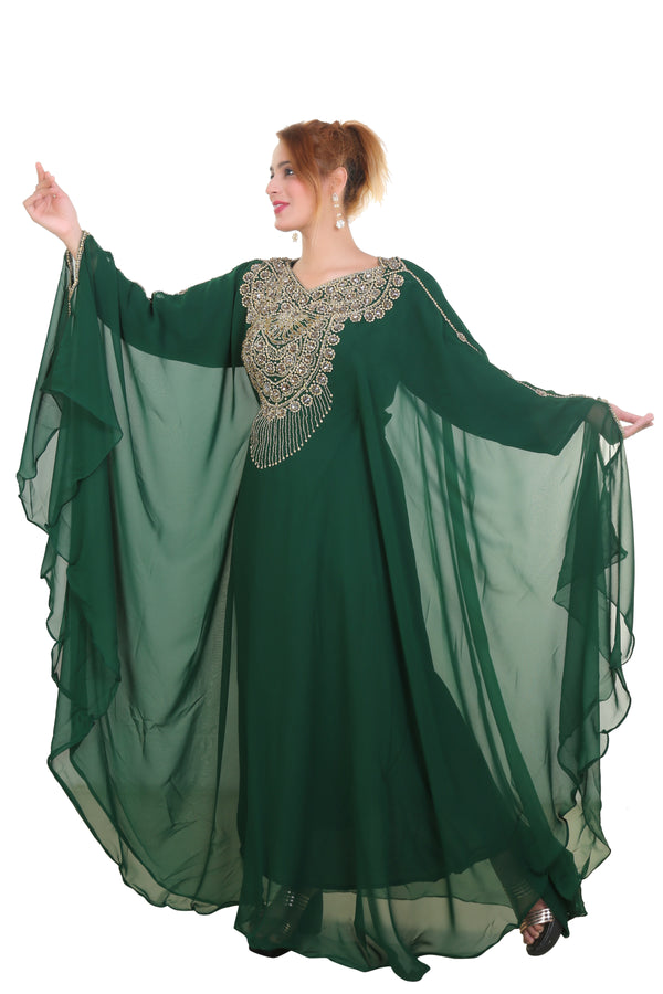 Bottle Green Zari Stone Work Georgette Islamic Style Beads Embedded Partywear Kaftan Long Gown Evening wear Dubai kaftan