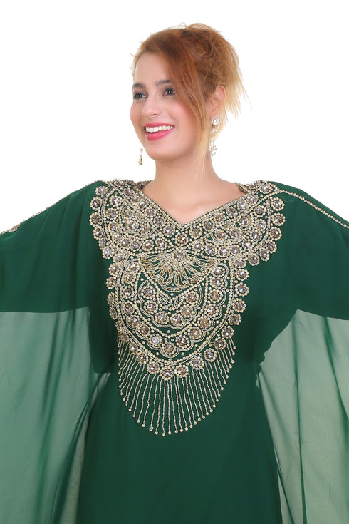 Bottle Green Zari Stone Work Georgette Islamic Style Beads Embedded Partywear Kaftan Long Gown Evening wear Dubai kaftan