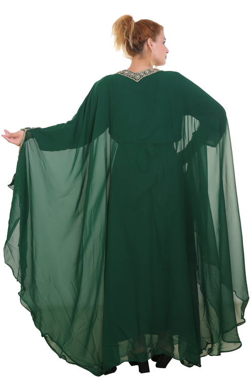 Bottle Green Zari Stone Work Georgette Islamic Style Beads Embedded Partywear Kaftan Long Gown Evening wear Dubai kaftan