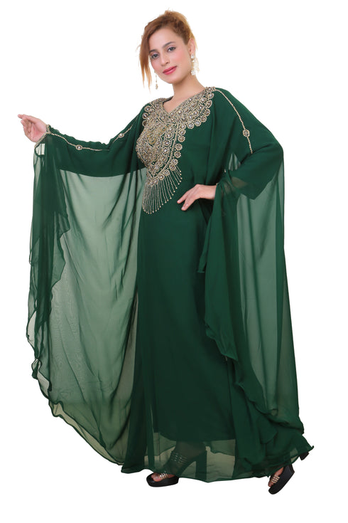 Bottle Green Zari Stone Work Georgette Islamic Style Beads Embedded Partywear Kaftan Long Gown Evening wear Dubai kaftan
