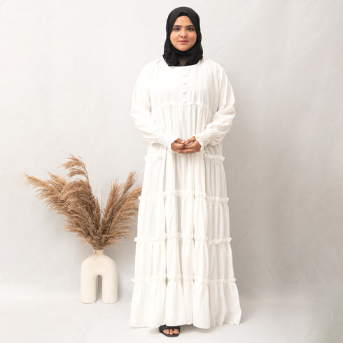 Multi Chunat Frock Abaya in White Color With Hijab