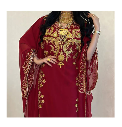 Grand Maroon Kaftan Gown with Heavy Gold Zari Work & Hijab | Luxury Event Dress