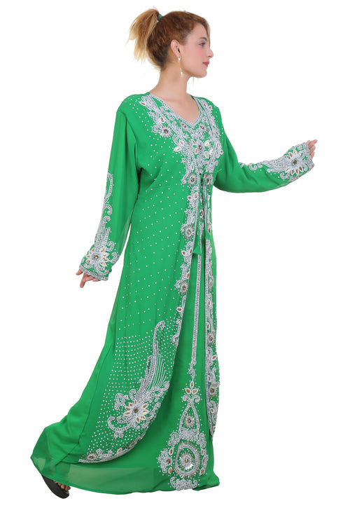 parrot Green Zari Stone Work Georgette Islamic Style Beads Embedded Partywear Kaftan Long Gown Dubai kaftan