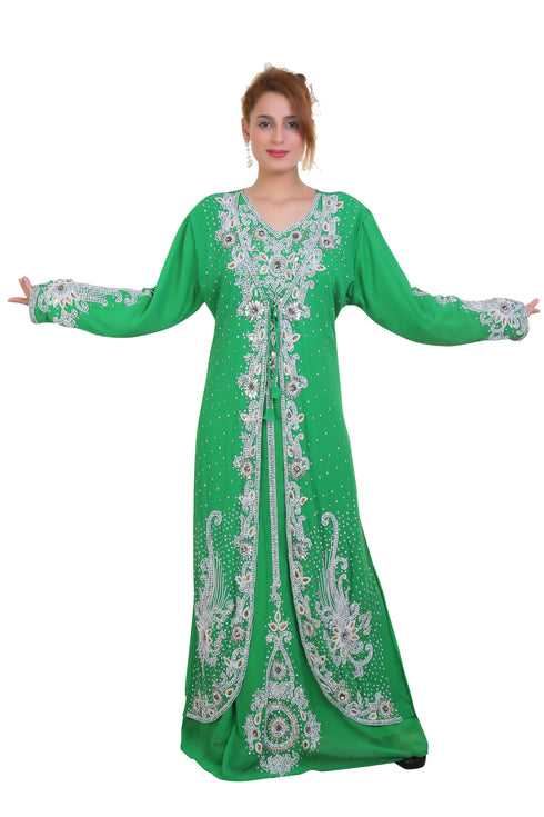 parrot Green Zari Stone Work Georgette Islamic Style Beads Embedded Partywear Kaftan Long Gown Dubai kaftan