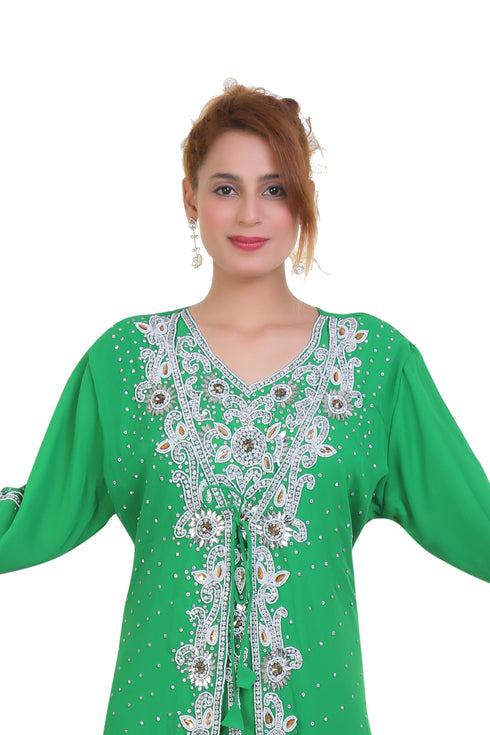 parrot Green Zari Stone Work Georgette Islamic Style Beads Embedded Partywear Kaftan Long Gown Dubai kaftan