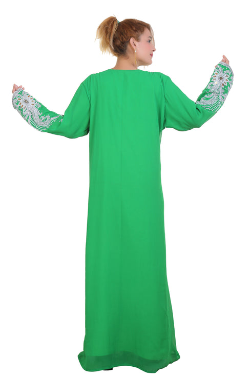 parrot Green Zari Stone Work Georgette Islamic Style Beads Embedded Partywear Kaftan Long Gown Dubai kaftan