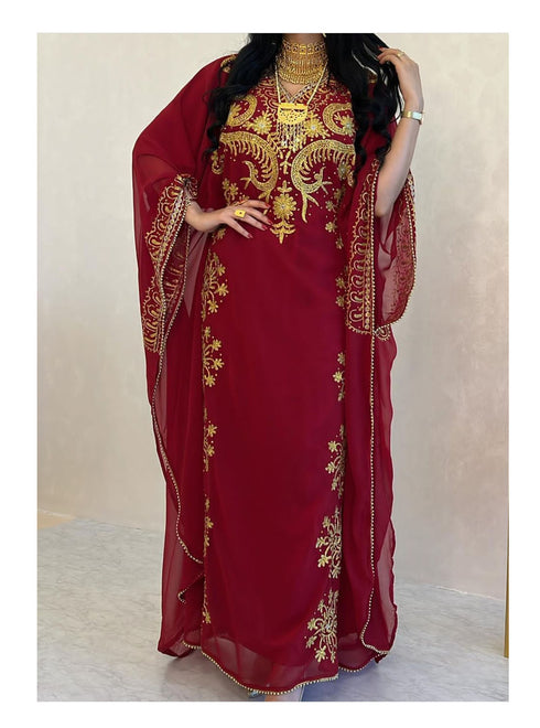 Grand Maroon Kaftan Gown with Heavy Gold Zari Work & Hijab | Luxury Event Dress