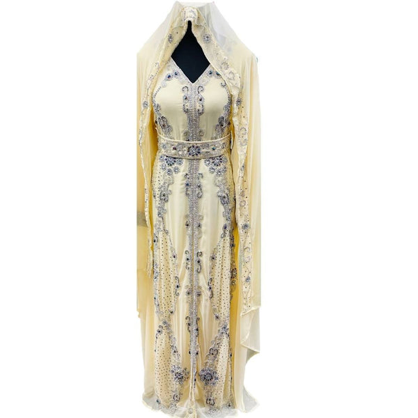 Biege Zari Stone Work Georgette Islamic Style Beads Embedded Partywear Kaftan Long Gown Evening wear Dubai kaftan