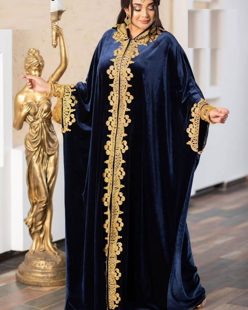 Navy Blue Velvet Aari Work Kaftan