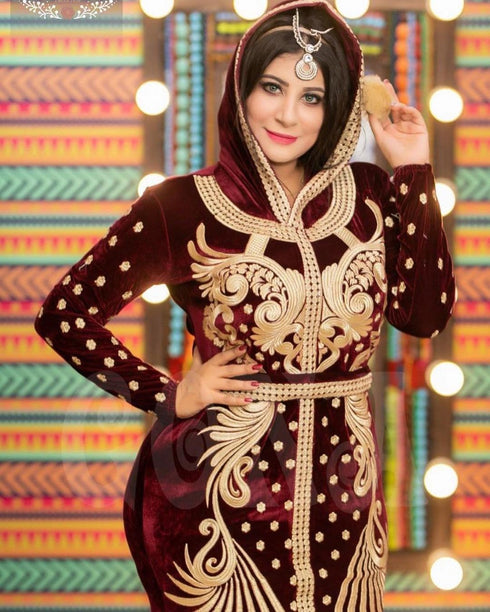 Maroon Handcrafted Zari work Stitched Georgette Kaftan Party Dress