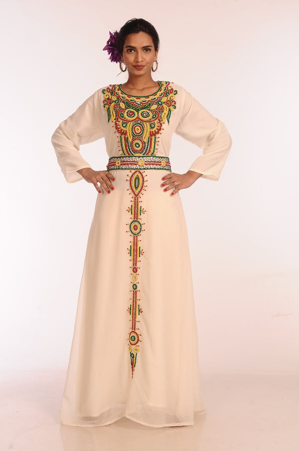 Cream Georgette Hand Woven Stitched Islamic Kaftans