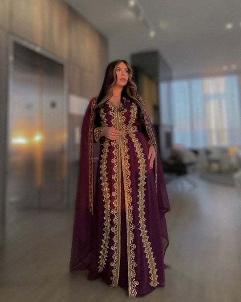 Luxurious Wine Kaftan Gown with Gold Zari Embroidery | Wedding & Formal Event Wear