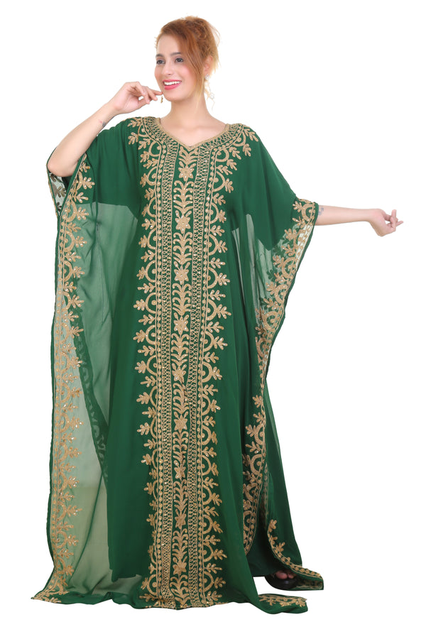 Green Aari Stone Work Georgette Islamic Style Beads Embedded Partywear Kaftan Long Gown Evening wear Dubai kaftan