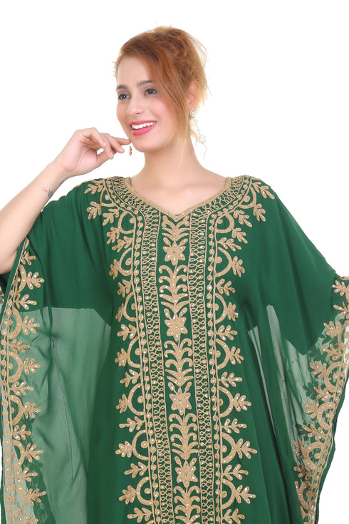 Green Aari Stone Work Georgette Islamic Style Beads Embedded Partywear Kaftan Long Gown Evening wear Dubai kaftan