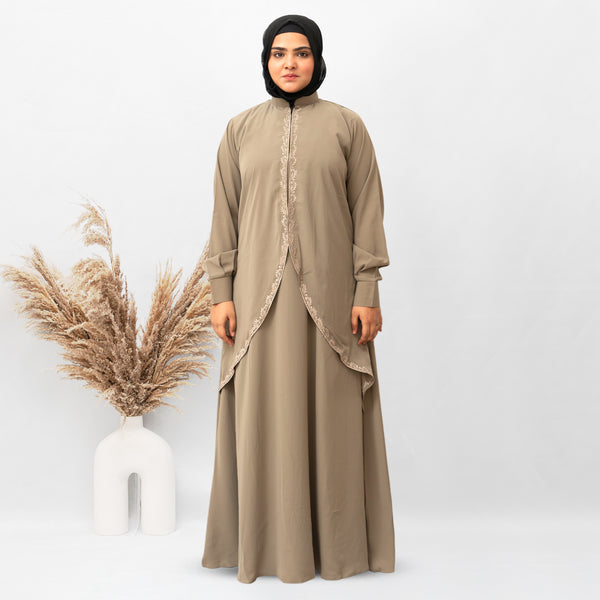 Double Layer Koti Embroidery Abaya in Beige Color With Hijab