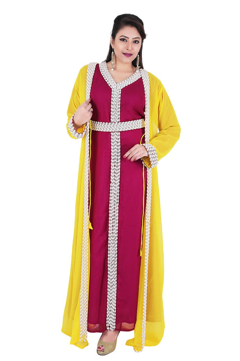 Magenta And Yellow Georgette Islamic Kaftan With Zari And Stone Work