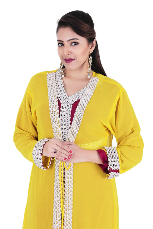 Magenta And Yellow Georgette Islamic Kaftan With Zari And Stone Work