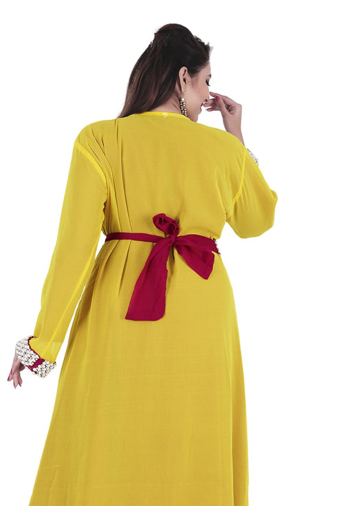 Magenta And Yellow Georgette Islamic Kaftan With Zari And Stone Work