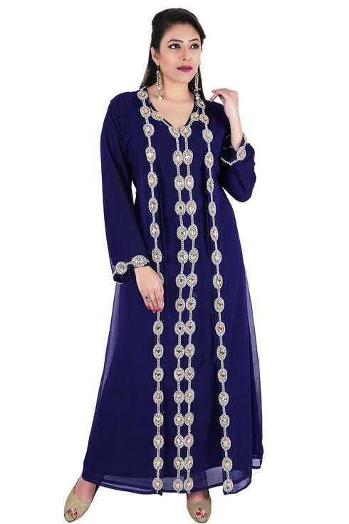 Navy Blue Georgette Islamic Kaftan With Zari And Stone Work