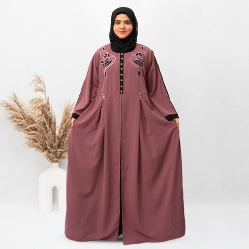 Front Button & Both Side Embroidery Abaya in Pink Color With Hijab