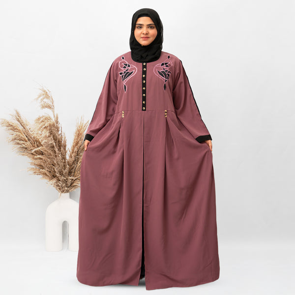 Front Button & Both Side Embroidery Abaya in Pink Color With Hijab