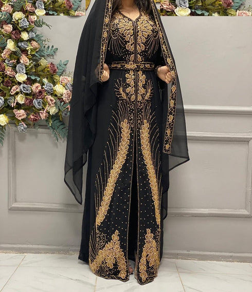 Luxury Black Kaftan with Gold Detailing and Matching Hijab