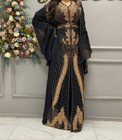 Luxury Black Kaftan with Gold Detailing and Matching Hijab