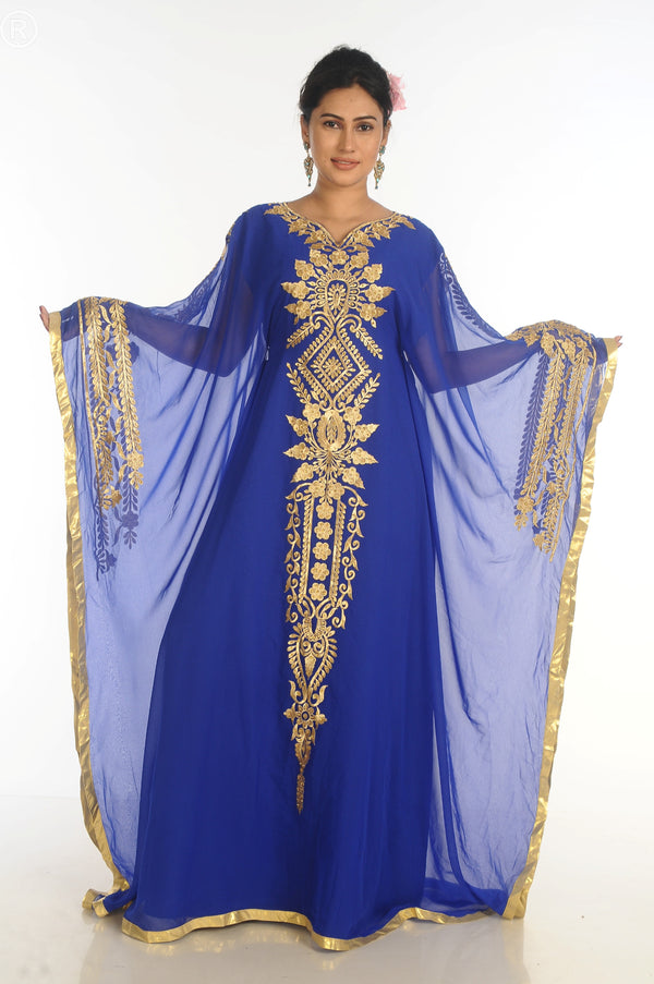 Ethnic Maxi Abaya Moroccan Islamic Royal Blue Kaftan Beach Fancy Modern Floor Length Bell Sleeve For Women Dress