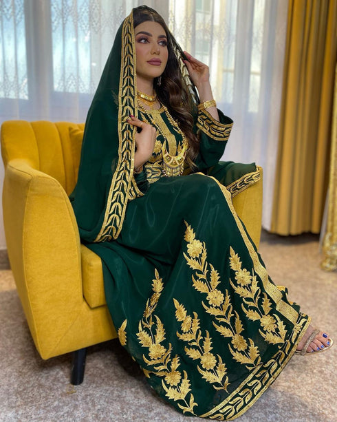 Grand Emerald Green Kaftan Gown with Heavy Gold Aari Work | Luxury Wedding & Event Dress