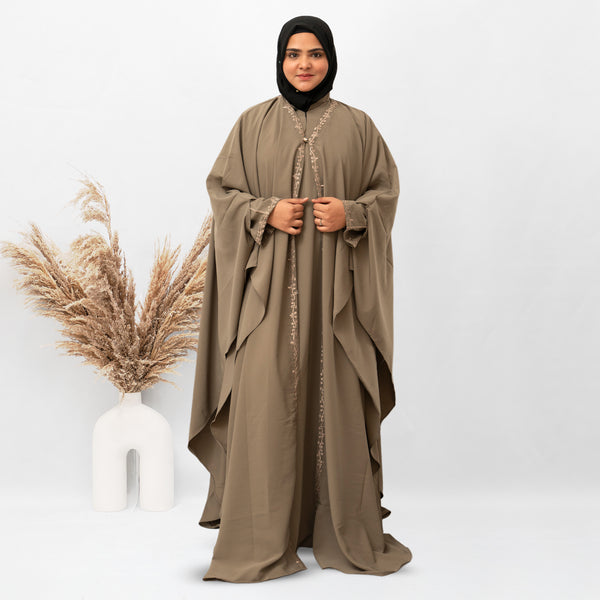 Inner & Upper Embroidery Abaya In Beige Color With Hijab