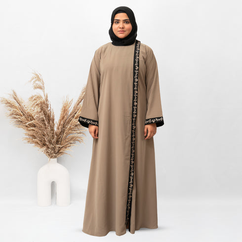 Front Open Side Embroidery Abaya in Beige Color With Hijab