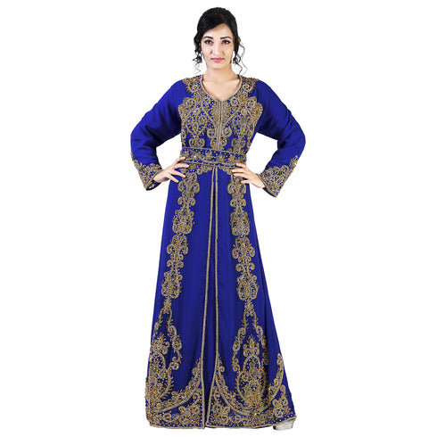 Navy -Blue color luxurious Full Sleeves Handmade Moroccan Kaftan With Sun-proof hijab.