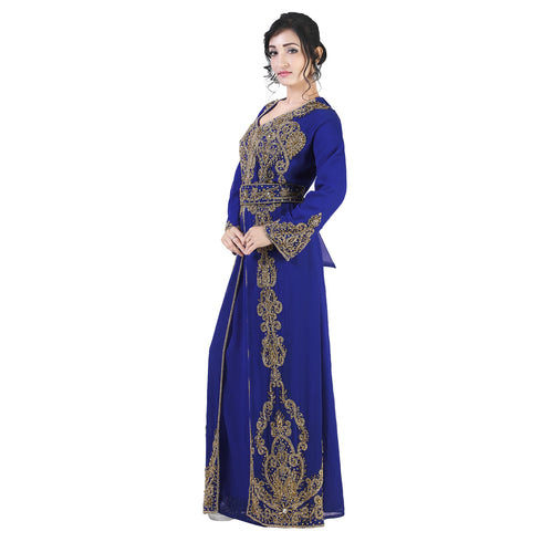 Navy -Blue color luxurious Full Sleeves Handmade Moroccan Kaftan With Sun-proof hijab.