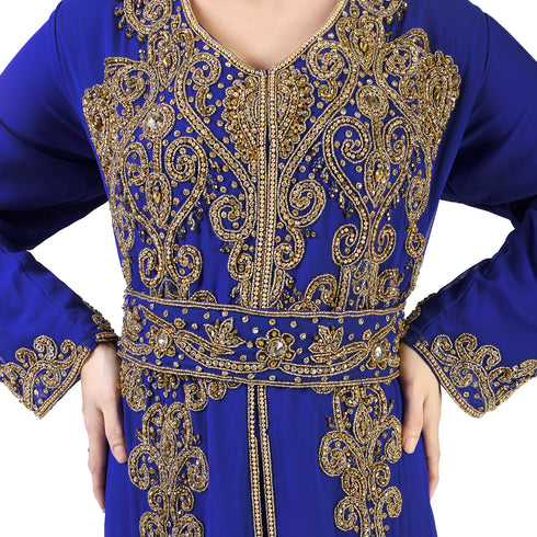 Navy -Blue color luxurious Full Sleeves Handmade Moroccan Kaftan With Sun-proof hijab.