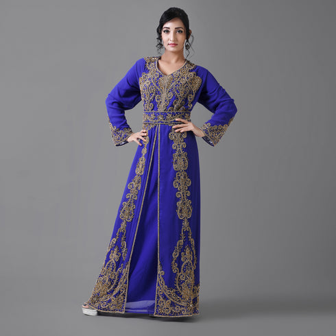 Navy -Blue color luxurious Full Sleeves Handmade Moroccan Kaftan With Sun-proof hijab.