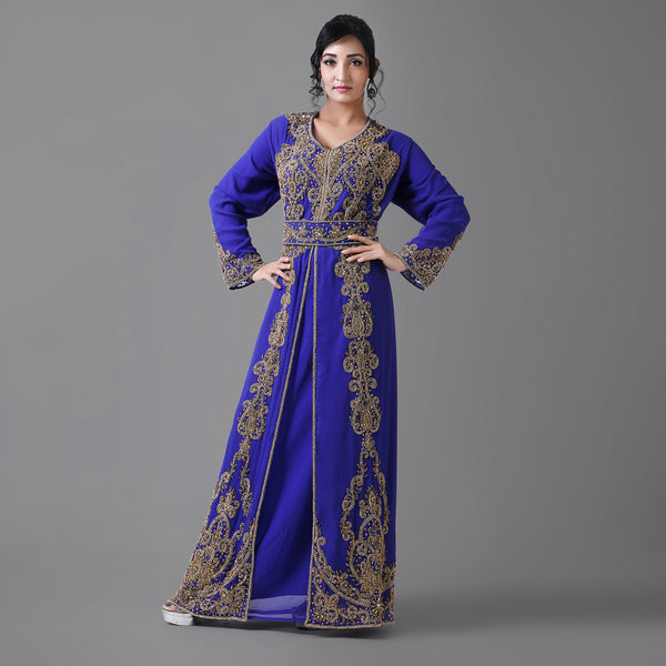 Navy -Blue color luxurious Full Sleeves Handmade Moroccan Kaftan With Sun-proof hijab.