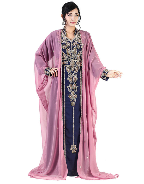 Peach-Navy Blue Zari & Stone Work Stitched Georgette Kaftan Wedding Dress