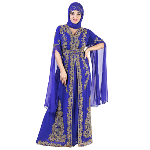 Royal Blue color luxurious Long Sleeves Handmade Moroccan Kaftan Embroidered zari work hijab