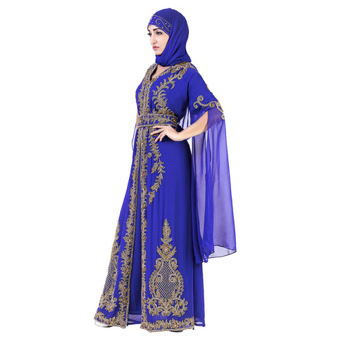 Royal Blue color luxurious Long Sleeves Handmade Moroccan Kaftan Embroidered zari work hijab