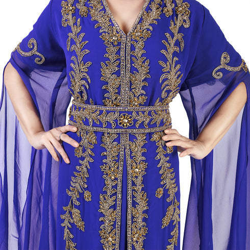 Royal Blue color luxurious Long Sleeves Handmade Moroccan Kaftan Embroidered zari work hijab