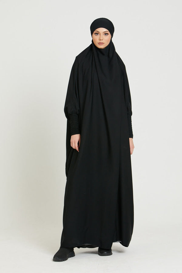 One Piece Full Length Jilbab Khimar Style with Chunnat Slevees /Dolman Sleeves Black Color